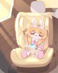  1girl animal_ears blue_archive blunt_bangs blush car_interior chibi child_safety_seat closed_eyes commentary cotton_candy day drooling english_commentary fake_animal_ears food holding holding_cotton_candy holding_food horuhara ice_cream long_sleeves mari_(blue_archive) missing_halo neck_ribbon no_nose open_mouth orange_hair pajamas pink_pajamas pink_slippers polka_dot polka_dot_pajamas rabbit_ears ribbon saliva sitting slippers smile soft_serve solo sunlight 