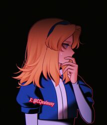  1girl black_background blonde_hair bloodshot_eyes blue_eyes blue_hairband chinese_commentary commentary_request czy_(2894456992) dark hairband layered_sleeves long_sleeves looking_to_the_side maria_robotnik medium_hair puffy_short_sleeves puffy_sleeves short_over_long_sleeves short_sleeves solo sonic_(series) sweatdrop twitter_username upper_body watermark 