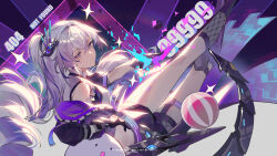  1girl ball bare_shoulders black_gloves black_shorts cropped_jacket drill_hair drill_ponytail fishnet_kneehighs fishnet_socks fishnets gloves grey_eyes grey_hair hair_between_eyes headgear highres holding holding_removed_eyewear honkai:_star_rail honkai_(series) jacket long_hair looking_at_viewer lying mechanical_gloves mechanical_tail open_clothes open_jacket ponytail shirt shorts silver_wolf_(honkai:_star_rail) silver_wolf_(lv.999)_(honkai:_star_rail) single_mechanical_glove socks solo tail tinted_eyewear unworn_eyewear very_long_hair zxllor 