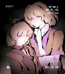  alulue1 black_ribbon blonde_hair brown_eyes dark_background fake_video green_eyes highres kurodani_yamame mizuhashi_parsee pointy_ears pout ribbon scarf touhou white_scarf 