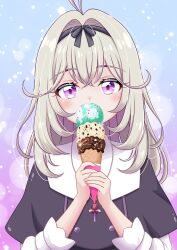  1girl absurdres antenna_hair black_capelet blush capelet commentary_request food grey_hair hair_between_eyes hair_intakes highres holding holding_ice_cream_cone ice_cream ice_cream_cone jewelry long_hair long_sleeves looking_at_viewer meitantei_precure! moria_luluka necklace pendant precure reimei_(r758120518) solo upper_body violet_eyes 