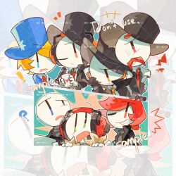  ! +++ 1girl 6+boys :d ;( ;d ? absurdres aqua_background at_gunpoint bald black_gloves black_hat black_jacket black_vest blonde_hair blue_eyes blue_hat blue_jacket border brown_facial_hair burt_curtis charles_calvin chibi chibi_only chinese_commentary chinese_text closed_mouth collared_shirt colored_skin commentary_request cup ellie_rose expressionless eyes_visible_through_hair eyes_visible_through_headwear facial_hair fewer_digits film_grain frown fur-trimmed_jacket fur_trim gloves green_eyes grey_sweater grin gun half-closed_eye hand_on_own_cheek hand_on_own_face hands_up hat headphones headset heart henry_stickmin henry_stickmin_(series) highres holding holding_cup holding_gun holding_paper holding_weapon i_heart... index_finger_raised jacket jitome lapels looking_at_another looking_at_viewer looking_up muchuizzzzz multiple_boys multiple_hats mustache necktie no_nose notice_lines one_eye_closed open_clothes open_jacket open_mouth orange_eyes orange_necktie outline outside_border paper pointing pointing_at_another raised_eyebrows red_eyes red_facial_hair red_hair red_necktie reginald_copperbottom right_hand_man sample_watermark shirt short_hair sidelocks simple_background smile sven_svensson sweater top_hat turtleneck turtleneck_sweater uneven_eyes upper_body v-shaped_eyebrows very_big_eyes vest watermark weapon white_border white_outline white_shirt white_skin yellow_eyes yellow_necktie zoom_layer 