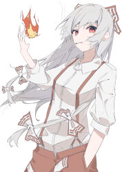  1girl absurdres bow collared_shirt cowboy_shot fire fujiwara_no_mokou grey_hair hair_bow hand_in_pocket highres kettle_(4693-42) long_hair looking_at_viewer mouth_hold multiple_hair_bows pants pyrokinesis red_eyes red_pants shirt simple_background smoke smoke_trail smoking solo suspenders three-quarter_sleeves touhou very_long_hair white_background white_bow white_shirt 