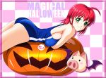  1girl ahoge alice_wishheart breast_press breasts checkered checkered_background fang green_eyes head jack-o&#039;-lantern large_breasts magical_halloween on_stomach pig pumpkin red_hair redhead school_swimsuit shopyun short_hair sideboob solo swimsuit title_drop 