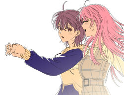  2girls absurdres ahoge bang_dream! bang_dream!_it's_mygo!!!!! belt blue_hoodie breasts brown_eyes chihaya_anon closed_eyes commentary couple dress grey_belt grey_dress grey_hair highres holding_hands hood hood_down hoodie korean_commentary long_hair long_sleeves medium_breasts multiple_girls nagseojang open_mouth pinafore_dress pink_hair plaid_clothes plaid_dress shirt short_hair simple_background sleeveless sleeveless_dress takamatsu_tomori teeth upper_teeth_only white_background white_shirt yuri 
