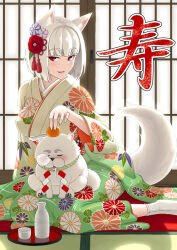  1girl alcohol animal_ears animal_on_lap blunt_bangs blunt_ends bob_cut breasts cat choko_(cup) cup floral_print floral_print_kimono food fox_ears fox_girl fox_tail fruit furisode highres indoors japanese_clothes kimono looking_at_viewer mandarin_orange medium_breasts nakayama_yukiji new_year nose_bubble on_lap original parted_lips print_kimono red_eyes rope sake shadow shide shimenawa short_hair sitting sleeping sliding_doors smile socks tabi tail tatami tokkuri translation_request white_hair white_socks wide_sleeves yokozuwari 