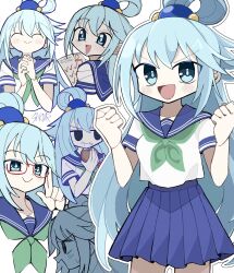  1girl :d @_@ ^v^ adjusting_eyewear alternate_costume aqua_(konosuba) arms_up blue_eyes blue_hair blue_sailor_collar blue_skirt blush_stickers clenched_hands closed_mouth commentary cowboy_shot cropped_shirt cropped_torso crumbs crying crying_with_eyes_open dot_nose eating english_commentary food from_side green_neckerchief hair_between_eyes hair_ornament hair_rings high-waist_skirt highres holding holding_food holding_paper kono_subarashii_sekai_ni_shukufuku_wo! long_hair looking_at_viewer miniskirt mixed-language_commentary multiple_expressions multiple_views neckerchief open_mouth outline own_hands_together paper pleated_skirt puffy_cheeks red-framed_eyewear sailor_collar school_uniform shirt short_sleeves signature simple_background single_hair_ring skirt skmr_neo smile standing tears test_score v-shaped_eyebrows white_background white_outline white_shirt 