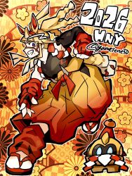  1boy 2026 animal_ears black_shirt blonde_hair blue_eyes blunt_bangs elbow_gloves falinks fingerless_gloves full_body gloves hairband happy_new_year highres horse_boy horse_ears horse_tail ivor_(pokemon) leg_warmers long_hair looking_at_viewer male_focus mole mole_under_mouth orange_background orange_pants pants pokemon pokemon_(creature) pokemon_legends:_z-a ponytail purple_hair red_hairband red_leg_warmers sandals shirt simple_background single_elbow_glove socks standing tail two-tone_belt white_socks yametene50 