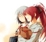  apple bad_id bag blue_hair blush bow bust closed_eyes eyes_closed food fruit grin hair_bow happy himishiro hoodie jacket long_hair mahou_shoujo_madoka_magica miki_sayaka multiple_girls ponytail profile red_hair redhead sakura_kyouko school_bag school_uniform shopping_bag short_hair smile 