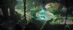  1boy 2204design 3d blender_(medium) borrowed_design chaos_emerald day energy furry furry_male grass highres in-universe_location leaf male_focus master_emerald moss nature outdoors overgrown plant rock ruins scenery silver_the_hedgehog solo sonic_(series) stairs statue tree vines 