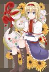  absurdres alice_margatroid artist_request blonde_hair blue_eyes boots bow cake capelet cross-laced_footwear cup food hairband high_boots highres knee_boots lace-up_boots oji_(axavier) short_hair smile solo spoon sugar sugar_cube sweets tea teacup touhou 