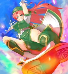  alternate_eye_color braid flying_kick foreshortening green_eyes grin hat hong_meiling kicking kinniku1234 long_hair perspective red_hair redhead shoe_soles smile solo touhou twin_braids wrist_wraps 