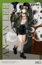 1girl 3d_glasses an-an_lee ankle_boots backpack bag black_boots black_choker black_gloves black_hair black_skirt boots border character_name character_signature choker clothes_writing commentary english_text eyewear_on_head fingerless_gloves fragrance_(freakyduck9000) full_body gauze_on_knee ghost gloves green_border green_jacket grey_background grin hands_up highres holding holding_megaphone jacket looking_at_viewer medium_hair megaphone miniskirt open_door pencil_skirt ponytail reverse:1999 shirt skirt smile socks solo walking white_shirt white_socks yellow_eyes yin_yang 