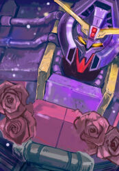  cable commentary_request flower glowing glowing_eyes gundam highres looking_at_viewer mecha mecha_focus mobile_armor mobile_suit no_humans okrdisk2000 portrait psycho_gundam_mk_ii robot rose science_fiction titans_(gundam) unfinished upper_body v-fin yellow_eyes zeta_gundam 