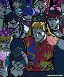  6+girls american_flag american_flag_print american_flag_shirt black_background black_hair black_shirt blonde_hair blue_hair blunt_bangs bow braid chain chinese_clothes clenched_teeth closed_eyes closed_mouth clownpiece collared_shirt dalachi_(headdress) dress english_commentary english_text flag_print flower flower_on_head gensokunemiku green_bow green_shirt hair_bow hat hecatia_lapislazuli highres holding holding_torch horns instagram_username invincible_(series) jester_cap junko_(touhou) kaenbyou_rin long_hair long_sleeves looking_at_viewer meme multiple_girls neck_ruff onozuka_komachi open_mouth parody pink_eyes pink_hair print_shirt purple_hair purple_hat red_eyes red_hair red_tabard reiuji_utsuho shirt single_horn smile star_(symbol) star_print striped_clothes striped_dress tabard teeth tenkajin_chiyari torch touhou twin_braids two_side_up underworld_(ornament) urn viltrumite_group_shot_(meme) wavy_hair white_shirt yomotsu_hisami 