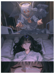  1girl 1other absurdres angel bed bed_sheet black_hair ceiling closed_eyes closed_mouth closing_eyes commentary feathered_wings floating_hair flying from_above glowing glowing_halo grey_hair grey_serafuku grey_skirt grey_wings hair_between_eyes halo highres hospital hospital_bed hospital_gown implied_death indoors intravenous_drip kyano_(kyanora3141) light_smile long_bangs long_hair long_sleeves looking_at_viewer looking_up multiple_views neckerchief night outstretched_arms oxygen_mask pillow reaching red_neckerchief school_uniform serafuku skirt traditional_halo wavy_hair window wings 