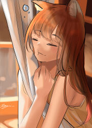  1girl :t absurdres alternate_costume animal_ear_fluff animal_ears blunt_bangs blurry blurry_background brown_hair camisole cheek_press closed_eyes closed_mouth commentary_request dutch_angle hair_over_shoulder highres holo hugging_object indoors long_hair penguin_sensei_(artist) sidelocks simple_background sketch sleeping solo spice_and_wolf squeans upper_body wolf_ears wolf_girl yellow_camisole 