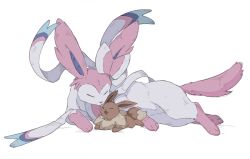  :d animal_focus avocado_539 bow brown_fur closed_eyes eevee fluffy full_body highres licking looking_at_another lying neck_fur no_humans open_mouth pink_fur pokemon pokemon_(creature) pokemon_focus ribbon simple_background smile sylveon two-tone_fur white_background white_fur yellow_fur 