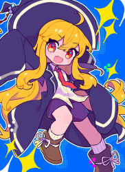  1girl :d ahoge blonde_hair blue_background blue_coat blue_hat blush boots brown_boots coat commentary_request commission double-parted_bangs fang full_body hair_between_eyes hat highres honoca6190 long_hair long_sleeves looking_at_viewer open_clothes open_coat open_mouth original outline outstretched_arm purple_shorts red_eyes ribbed_socks shorts skeb_commission skin_fang sleeves_past_fingers sleeves_past_wrists smile socks solo sparkle standing standing_on_one_leg v-shaped_eyebrows white_outline white_socks 