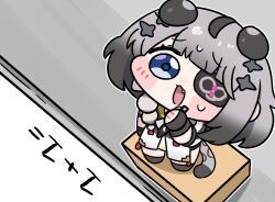  1girl animal_ears arknights arknights:_endfield beleullin black_hair blue_eyes blush_stickers chibi chibi_only commentary extra_ears eyepatch fang fingerless_gloves from_above game_screenshot_background gloves gradient_hair grey_hair hand_up highres math multicolored_hair one_eye_covered open_mouth screenshot_background short_hair sweatdrop tail tangtang_(arknights) tiger_ears tiger_girl tiger_tail whiteboard 