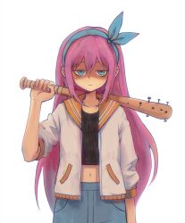  1girl aubrey_(faraway)_(omori) aubrey_(omori) baseball_bat blue_eyes blue_hairband blue_skirt closed_mouth collarbone commentary crop_top denim denim_skirt double-parted_bangs hair_between_eyes hairband highres holding holding_baseball_bat jacket long_hair looking_at_viewer mushichan nail_(hardware) nail_bat navel omori open_clothes open_jacket pink_hair short-sleeved_jacket short_sleeves sidelocks simple_background skirt solo upper_body white_background white_jacket 
