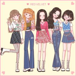  5girls blonde_streaks blue_eyes blunt_bangs bob_cut boots brown_hair cardigan commentary denim double_v fishnet_pantyhose fishnets green_eyes highres irene_(red_velvet) jeans joy_(red_velvet) long_hair multicolored_hair multiple_girls one_eye_closed open_mouth orange_hair pants pantyhose pink_cardigan red_velvet_(group) seulgi_(red_velvet) short_sleeves skirt smile standing standing_on_one_leg streaked_hair twintails v wendy_(red_velvet) white_boots wshanshanz yeri_(red_velvet) 
