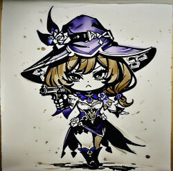 1girl ah_san genshin_impact long_hair pistol serious wizard_hat
