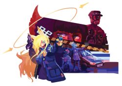  3girls animal_ear_fluff animal_ears antenna_hair armband blonde_hair blue_archive blue_hair blue_halo braid breasts dog_ears dog_girl fubuki_(blue_archive) gun halo handgun highres jacket kaiser_pmc_robot_mercenary_(blue_archive) kanna_(blue_archive) kirino_(blue_archive) long_hair multicolored_hair multiple_girls notched_ear police_badge purple_armband rifle robot ruger_mini-14 weapon zunzunzun17 