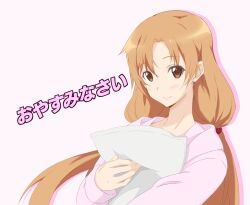  1girl alternate_costume asagi501 asuna_(sao) brown_eyes brown_hair closed_mouth commentary_request drop_shadow floating_hair highres holding holding_pillow hood hood_down hooded_jacket hugging_object jacket light_blush long_hair looking_at_viewer official_alternate_costume parted_bangs pillow pink_jacket sidelocks simple_background sleepwear smile solo split_mouth straight_hair sword_art_online translated upper_body white_background 