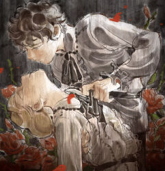  2boys 980820 allan_twilight blonde_hair brown_hair center_frills edgar_portsnell flower frills highres holding holding_knife knife looking_at_another male_focus multiple_boys petals poe_no_ichizoku red_flower red_rose rose rose_petals short_hair upper_body 