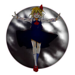  1girl absurdres ascot black_skirt black_vest blonde_hair circle collared_shirt commentary darkness full_body hair_ribbon highres kneehighs long_sleeves looking_at_viewer open_mouth outstretched_arms red_ascot red_eyes red_ribbon red_shoes ribbon rumia shirt shoes simple_background skirt skirt_set smile socks solo spread_arms touhou vest white_background white_shirt white_socks yuya_(euky8335) 