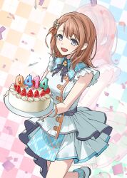  1girl :d belt birthday_cake black_belt black_bow black_bowtie blush bow bowtie braid breasts brown_hair buttons cake candle checkered_background clover_brooch clover_hair_ornament commentary commission confetti dated dot_nose double-breasted food frilled_shirt frills fruit grey_eyes grey_jacket grey_skirt hair_ornament hanasato_minori highres holding holding_cake holding_food idol idol_clothes jacket looking_at_viewer medium_breasts medium_hair miniskirt number_candle open_mouth plaid_clothes plaid_collar project_sekai second-party_source seungkkae shirt shoes side_braid single_sidelock skirt sleeveless sleeveless_jacket smile solo strawberry untranslatable_commentary white_shoes white_wrist_cuffs wing_hair_ornament wrist_cuffs zoom_layer 