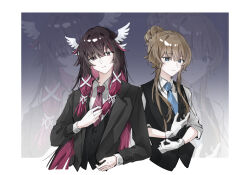  2girls baeksansan border columbina_(genshin_impact) dark_background genshin_impact gloves head_wings highres multiple_girls sandrone_(genshin_impact) suit tuxedo tuxedo_shirt white_border white_wings wings yuri 