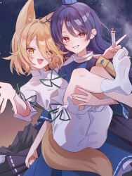  2girls absurdres animal_ears blonde_hair blue_dress blue_hair blue_hat carrying carrying_person commentary_request dawn dress fox_ears fox_girl fox_tail green_ribbon grin hat highres holding holding_test_tube iizunamaru_megumu kudamaki_tsukasa long_hair looking_at_viewer multiple_girls night open_mouth princess_carry red_eyes ribbon romper short_sleeves shoulder_guard single_sock sky sleeve_ribbon smile socks star_(sky) starry_sky tail test_tube tokin_hat touhou white_romper white_socks ww333v yellow_eyes yuri 