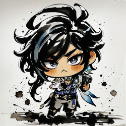 1boy ah_san genshin_impact long_hair pistol serious
