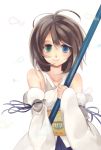  bad_id blue_eyes brown_hair detached_sleeves dissidia_012_final_fantasy dissidia_final_fantasy final_fantasy final_fantasy_x green_eyes heterochromia hiyo_kiki japanese_clothes short_hair simple_background smile solo staff weapon yuna 