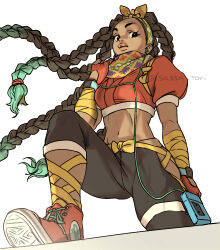  1girl aqua_hair arm_wrap black_eyes black_hair black_pants bow_hairband braid breasts brown_eyes brown_hair brown_lips cable clothing_cutout colored_shoe_soles colored_tips commentary_request converse crop_top cropped_jacket dark-skinned_female dark_skin earphones earphones fingerless_gloves forehead gloves gradient_hair hairband highres hip_vent jacket kimberly_jackson leg_wrap linea_alba lips listening_to_music long_hair looking_at_viewer lowleg lowleg_pants midriff multicolored_hair multiple_braids navel ninja pants puffy_short_sleeves puffy_sleeves red_gloves red_jacket sassa_(cb) scarf shoes short_sleeves sneakers solo street_fighter street_fighter_6 thick_eyebrows toned two-tone_hair very_dark_skin very_long_hair watch watch white_background yellow_hairband 