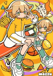  1girl absurdres antennae arthropod_girl blonde_hair bug burger cup drinking_straw eyeball food french_fries fruit green_socks highres indie_virtual_youtuber insect_wings jacket lemon looking_at_viewer moth moth_girl moth_wings mozzu123 multicolored_jacket sanagi_yuzu shoes short_hair sitting socks two-tone_jacket virtual_youtuber white_jacket white_shoes wings yellow_background yellow_eyes yellow_jacket 