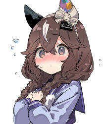  1girl animal_ears blush braid brown_hair closed_mouth commentary_request curren_bouquetd'or_(umamusume) ear_covers embarrassed flying_sweatdrops hair_between_eyes hair_ornament hairband horse_ears horse_girl kfhhen long_braid long_hair long_sleeves looking_at_viewer low_twin_braids mismatched_ear_covers multicolored_hair school_uniform simple_background solo streaked_hair tracen_school_uniform twin_braids umamusume white_background white_streaks 