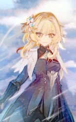  1girl black_dress black_gloves blonde_hair blurry blurry_background breasts closed_mouth commentary cowboy_shot dress feather_hair_ornament feathers flower fur-trimmed_gloves fur_trim genshin_impact gloves hair_flower hair_ornament highres light_smile long_sleeves looking_at_viewer lumine_(genshin_impact) lumine_(snezhnaya)_(genshin_impact) medium_breasts official_alternate_costume otwd_2d outdoors short_hair_with_long_locks snowing solo untranslatable_commentary yellow_eyes 