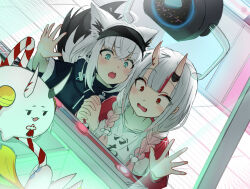  2girls absurdres against_glass ahoge animal_ears aqua_eyes bell black_jacket blush braid commentary_request crane_game creature demon_girl demon_horns dutch_angle fang fox_ears fox_girl fox_tail headband highres holding_hands hololive horns indoors interlocked_fingers jacket jingle_bell keppii kouhaku_nawa multiple_girls nakiri_ayame nakiri_ayame_(cutie_jersey) open_mouth poyoyo_(nakiri_ayame) red_eyes red_jacket rope shimenawa shirakami_fubuki shirakami_fubuki_(loungewear) shirt sukonbu_(shirakami_fubuki) tail twin_braids upper_body virtual_youtuber white_hair white_shirt 