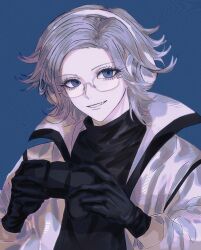  1boy abashuxiadeabaguai absurdres aotsuki_eito black_gloves black_shirt blue_background blue_eyes chinese_commentary commentary_request controller eyelashes game_controller glasses gloves grey_hair headphones highres holding holding_controller holding_game_controller jacket looking_at_viewer male_focus official_alternate_costume shirt short_hair smile solo the_hundred_line_-last_defense_academy- turtleneck turtleneck_shirt upper_body white_jacket 