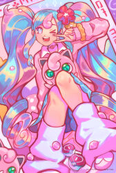  >_o 1girl :d absurdres blue_eyes blue_hair blue_skirt choker collared_sweater fairy_miku_(project_voltage) flower full_body green_eyes hair_flower hair_ornament hatsune_miku heart heart_choker highres inkfy jigglypuff leg_warmers long_hair looking_at_viewer love_ball multicolored_hair one_eye_closed open_mouth pink_hair pink_nails pink_sweater poke_ball pokemon pokemon_(creature) project_voltage purple_background red_flower scrunchie simple_background sitting skirt smile sweater twintails two-tone_hair v very_long_hair vocaloid white_leg_warmers wrist_scrunchie yellow_flower yellow_scrunchie 
