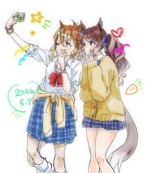  2026 2girls ahoge alternate_costume alternate_hairstyle animal_ears brown_hair cardigan cardigan_around_waist cellphone clothes_around_waist commentary dated gyaru hair_between_eyes hair_ornament hairclip highres holding holding_phone horse_ears horse_girl horse_tail jungle_pocket_(umamusume) long_hair long_sleeves looking_at_phone multiple_girls open_mouth phone pleated_skirt school_uniform selfie skirt smartphone smile sonabaija tail taking_picture tosen_jordan_(umamusume) twintails umamusume v yellow_eyes 