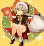  1boy boots capelet christmas christmas_wreath gloves green_eyes hat hotarumaru male_focus mizuhara_aki red_gloves sack santa_hat shorts silver_hair sitting smile touken_ranbu waving 