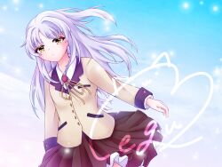  1girl angel_beats! black_skirt blue_sky buttons closed_mouth collared_shirt commentary_request cowboy_shot day dress_shirt dutch_angle eyes_visible_through_hair floating_clothes floating_hair frown hair_intakes highres jacket light_particles long_hair long_sleeves looking_at_viewer megu_clover miniskirt neck_ribbon outdoors parted_bangs pleated_skirt ribbon school_uniform shirt sidelocks signature skirt sky solo split_mouth tachibana_kanade white_hair white_shirt yellow_eyes yellow_jacket yellow_pupils yellow_ribbon 