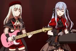  2girls 7-string_guitar ^_^ ascot bang_dream! bang_dream!_it's_mygo!!!!! beret black_ascot black_capelet black_corset black_ribbon black_skirt blue_hair breasts brooch capelet closed_eyes closed_mouth commentary_request commission corset earrings extended_range_guitar gloves green_hair grey_gloves guitar guitar_strap hair_ribbon hat highres holding holding_guitar holding_instrument holding_plectrum instrument jewelry long_hair medium_breasts mortis_(bang_dream!) mortis_(costume)_(bang_dream!) multiple_girls oblivionis_(bang_dream!) open_mouth pixiv_commission playing_guitar playing_instrument plectrum red_background red_hat red_shirt red_shorts ribbon schecter_guitar shirt shorts shorts_under_skirt showgirl_skirt sidelocks skirt togawa_sakiko wakaba_mutsumi white_ascot yellow_eyes yuyu_(oiun461) 
