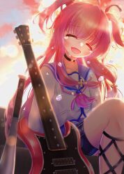  1girl :d ^_^ ahoge angel_beats! arms_at_sides backlighting baseball_bat black_choker black_ribbon blue_sailor_collar blush bontan_02 choker closed_eyes commentary_request crying facing_viewer fang feet_out_of_frame floating_hair furrowed_brow guitar hair_between_eyes happy happy_tears highres instrument leg_ribbon long_hair long_sleeves neckerchief nose_blush open_mouth outdoors pink_hair pink_neckerchief ribbon sailor_collar sailor_shirt shinda_sekai_sensen_uniform shirt sidelocks sitting skin_fang sky smile solo sunset tears thigh_strap two_side_up very_long_hair white_shirt yellow_sky yui_(angel_beats!) 