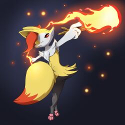  1girl animal_ear_fluff animal_ears animal_nose black_background black_fur blush body_fur braixen closed_mouth commentary_request fox_ears fox_girl fox_tail furry furry_female happy highres holding holding_stick light_blush looking_at_viewer moonlit-tear multicolored_fur musical_note pokemon pokemon_(creature) red_eyes simple_background smile snout solo spoken_musical_note stick tail white_fur yellow_fur 