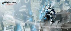  1boy armor blue_eyes christian_faber city concept_art english_commentary english_text helmet hero_factory highres ice joints looking_at_viewer mechanical_arms mechanical_legs preston_stormer robot robot_joints signature snow solo 